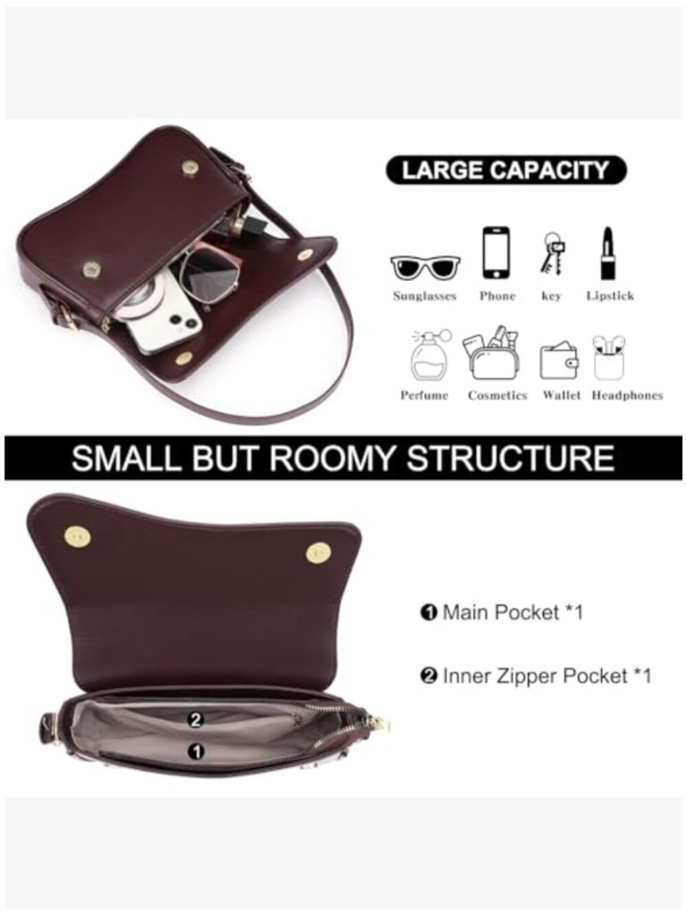 Vegan Leather Crossbody Bag with Adjustable Straps, Compact Hobo Purse - Picture 3 of 6